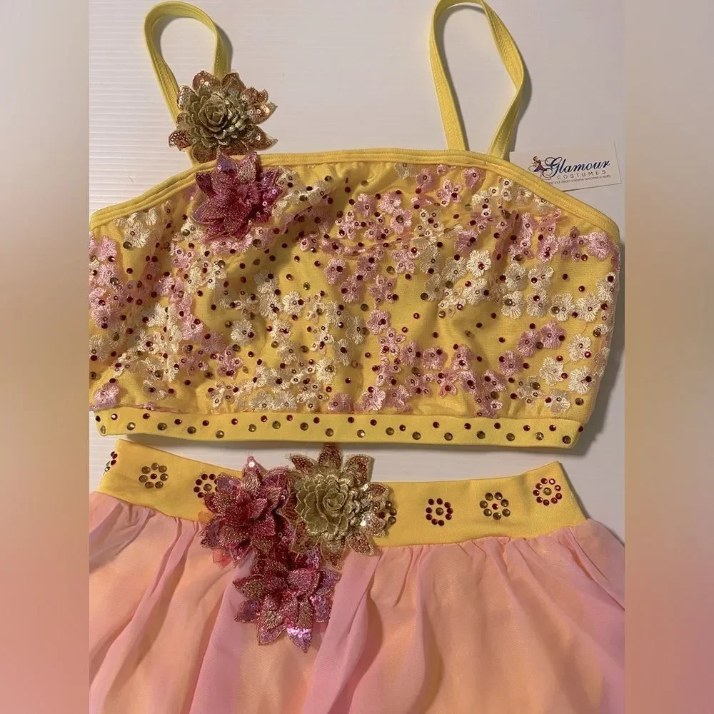 Glamour solo dance costume 5378 pastel yellow pink 2 piece lyrical skirt top MA